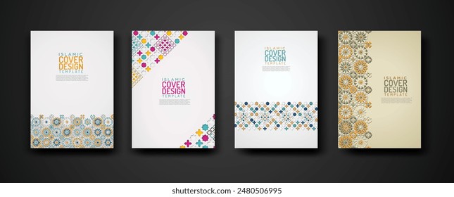 Set islamic cover design template with colorful detail and texture of floral mosaic islamic art ornament. New collection.Vector illustration for element design and other uses.