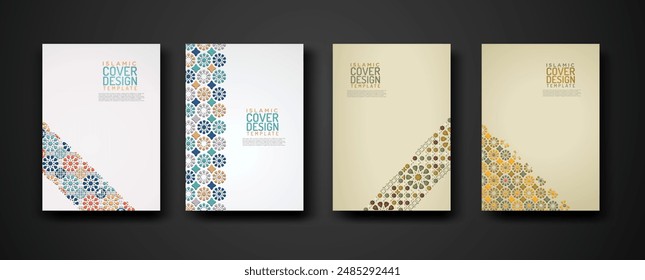 Conjunto de Plantilla de diseño de cubierta islámica con detalle colorido y textura de adorno de arte islámico de mosaico floral. Nueva colección.Ilustración vectorial para el diseño de elementos y otros usos.