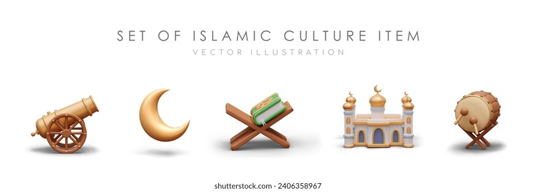 Set of Islamic culture items. Golden cannon and moon, traditional mosque building, Quran on wooden stage and musical instrument bedug drum. Vector illustration in 3d style