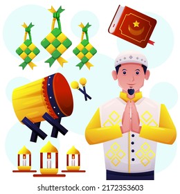 Set of Islamic decor object element for Eid design in drawing cartoon style, vector illustration