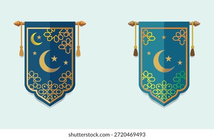 Un conjunto de Vector de Anuncios decorativos islámicos con luna creciente dorada y patrón árabe geométrico. Banderas colgantes tradicionales de ramadán con elegantes estrellas y diseño de adornos orientales.