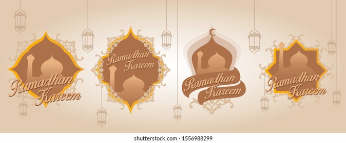 a set of Islamic design for greeting cards and Ramadan moments. With Islamic instruments in the form of mosques and lanterns with shades of gold, cream and warm chocolate.