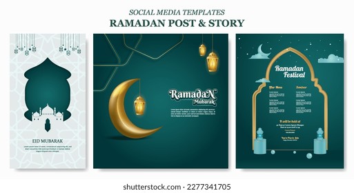 Set islamic digital banner templates. Ramadan social media story and post vector illustration.