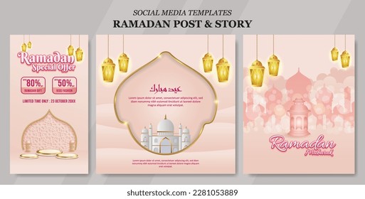 Set islamic digital banner templates. Ramadan social media story and post vector illustration. Islamic greeting card and ramadan sale festival. 