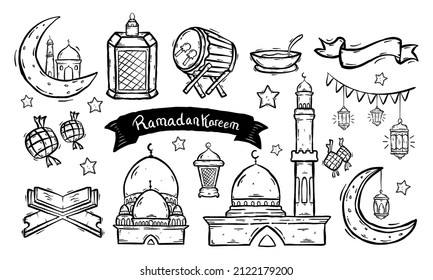 Set of Islamic doodle element related to holly Ramadan. Illustration vector graphic. Design concept Islamic symbols and icons with HandDrawn Sketch style, Perfect for holy Muslim festival Ramadan.