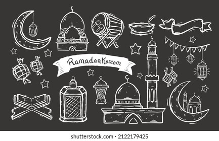 Set of Islamic doodle element related to holly Ramadan. Illustration vector graphic. Design concept Islamic symbols and icons with HandDrawn Sketch style, Perfect for holy Muslim festival Ramadan.