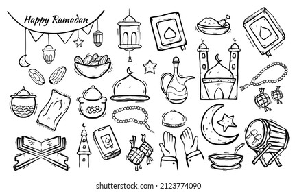 Set of Islamic doodle element related to holly Ramadan. Illustration vector graphic. Design concept Islamic symbols and icons with HandDrawn Sketch style, Perfect for holy Muslim festival Ramadan.