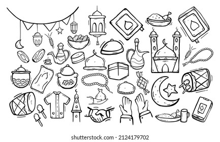 Set of Islamic doodle element related to holly Ramadan. Illustration vector graphic. Design concept Islamic symbols and icons with HandDrawn Sketch style, Perfect for holy Muslim festival Ramadan.