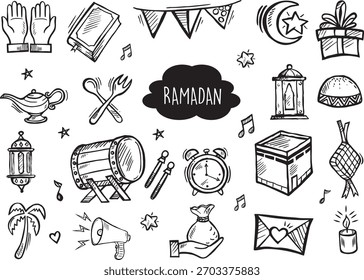 Conjunto de elementos de doodle islâmico relacionado com holly Ramadan.Símbolos islâmicos e ícones com estilo HandDrawn Sketch, Perfeito para o festival muçulmano sagrado Ramadã