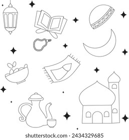 Set of islamic doodles, ramadan clip art for prints, stickers, coloring pages, signs, sublimation, cards, etc. EPS 10