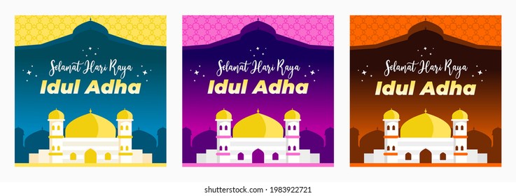 Set of Islamic Eid Al Adha Background vector illustration with cute of mosque and 3 color variation, yellow, pink and orange. Square background suitable for social media banner template