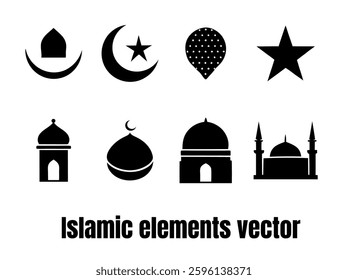 set of Islamic elements icons silhouette vector on a white background