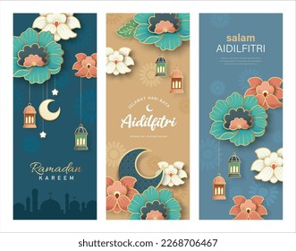 Set of Islamic festival banners design with flower and lanterns, suitable for Ramadan Kareem , Hari Raya, Eid Mubarak, Eid al Adha.