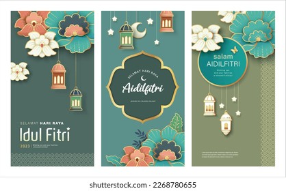 Set of Islamic festival banners design with flowers, lanterns and frames, suitable for Ramadan Kareem , Hari Raya, Eid Mubarak, Eid al Adha.