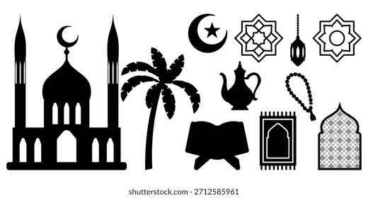 Conjunto de iconos planos islámicos Mezquita negra, linterna, estrella de luna creciente, estrella de ocho puntas, palmera, Corán, alfombra de oración Perfecto para Ramadán, proyectos de cultura islámica Eid