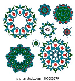 Set of islamic floral circle design.  Traditional round turkish ornament. Vector illustration.