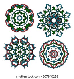 Set of Islamic floral circle design. Traditional round Turkish ornament. Vector illustration.