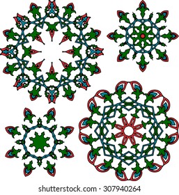 Set of Islamic floral circle design. Traditional round Turkish ornament. Vector illustration.