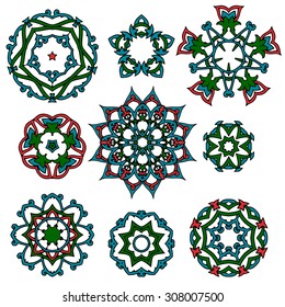 Set of Islamic floral circle design. Traditional round Turkish ornament. Vector illustration.