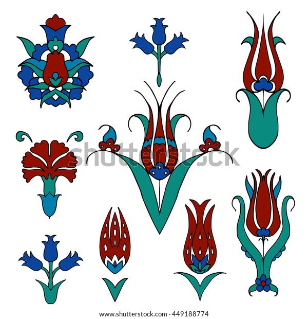 イスラム教の花柄のセット トルコのチューリップとカーネーション トルコの伝統的な装飾 トルコのチューリップ ベクターイラスト のベクター画像素材 ロイヤリティフリー