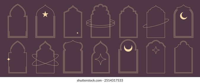 Conjunto de Formas de marco islámico. Arcos árabes de arte de línea delgada boho de moda. Ventana lineal estética minimalista geométrica, borde simple, arcos de mezquita árabe con estrellas, media luna. Silueta de puerta Eid mubarak