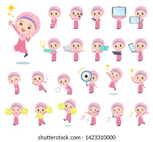 A set of Islamic girl with digital equipment such as smartphones.There are actions that express emotions.It's vector art so it's easy to edit.
