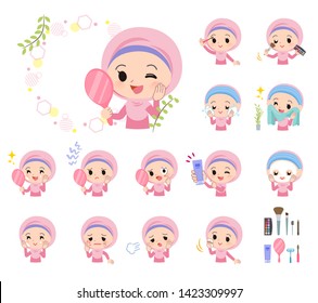 A set of Islamic girl on beauty.There are various actions such as skin care and makeup.It's vector art so it's easy to edit.
