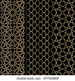 Set of Islamic gold oriental geometry seamless vector pattern Muslim east culture background. Decorative backdrop for fabric, textile, wrapping paper, card, invitation, wallpaper, web design