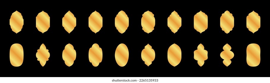Set of islamic golden windows. Vector symbol traditional arches. Arabic windows arches different shapes for mosque, muslim architecture illustration.