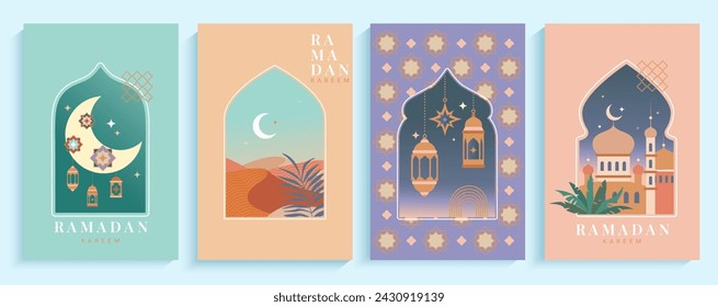 Set of Islamic greeting cards, invitation posters. Ramadan Kareem flyers, arches windows with moon, mosque dome,desert landscape and lanterns. Template for design, media banner. Vector illustration.