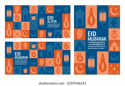 Set of islamic greeting cards template. Eid al-Fitr. Eid Mubarak. Ramadan Kareem. Modern posters, media banners. A set of vector abstract illustrations with mosque, moon, ornament, flower, leaf.