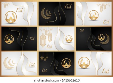 set of islamic greeting eid mubarak card design with gold crescent moon, lanterns, lamp black and white elegant