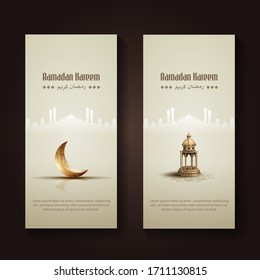 set of islamic greeting ramadan kareem card design template with beautiful golden lanterns and crescent