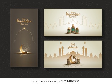 set of islamic greeting ramadan kareem card design template with beautiful golden lanterns and crescent