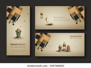 Set of islamic greetings card design with lanterns and crescent