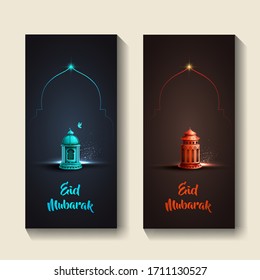 set of islamic greetings eid mubarak card design template with beautiful lanterns