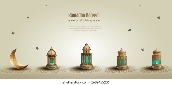 set of islamic greetings ramadan kareem card design template with beautiful golden lanterns and crescent