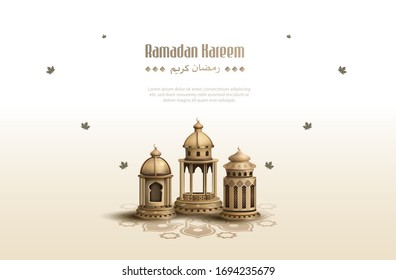set of islamic greetings ramadan kareem card design template with three beautiful golden lanterns