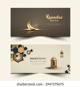 set of islamic greetings ramadan kareem banner design with lantern and crescent moon