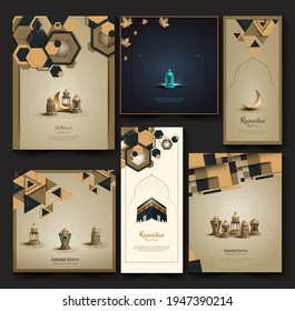 set of islamic greetings ramadan kareem card design with lanterns, crescent, and holy kaaba