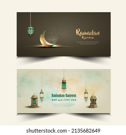 Set of islamic greetings ramadan kareem card design with beautiful crescent moon and lanterns