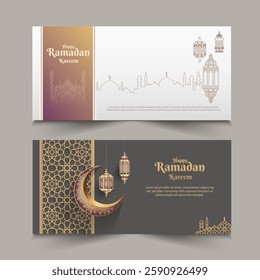 Set of islamic greetings ramadan kareem card design with beautiful crescent moon and lanterns
