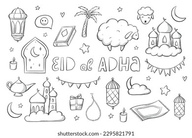 set of islamic holiday doodles Eid al Adha. Monochrome set of cartoon elements isolated on white background for prints, cards, sublimation, stickers, coloring pages, etc. EPS 10