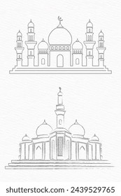 Set of Islamic holy mosque hand drawn lineart with pencil sketch texture