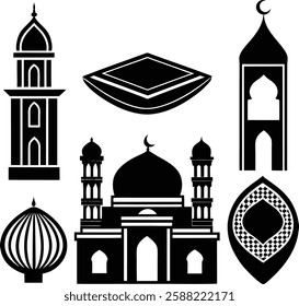 set of Islamic icon silhouette line art vector