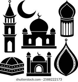 set of Islamic icon silhouette line art vector