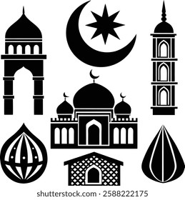 set of Islamic icon silhouette line art vector