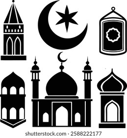 set of Islamic icon silhouette line art vector