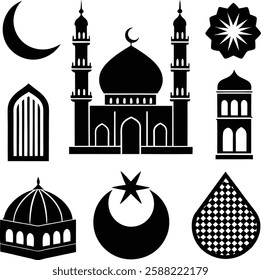 set of Islamic icon silhouette line art vector