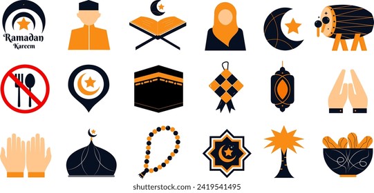 Set of islamic icon suitable Ramadan Kareem Mubarak. Modern moslem Eid Al Fitr, Eid Al Adha element symbol collection vector illustration design background